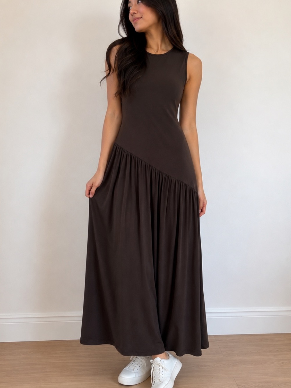 Brown Maxi Dress with Asymmetric Gathered design - size S